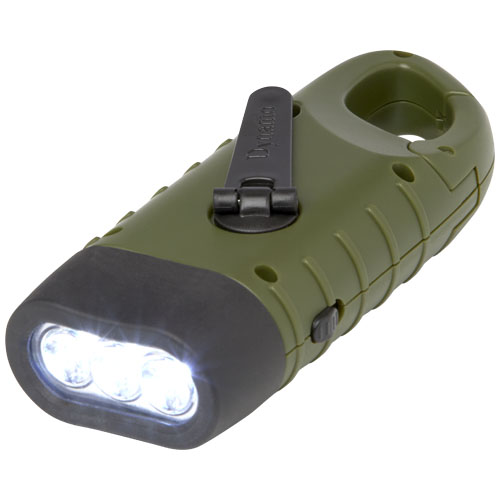 Lampe de poche dynamo solaire Helios en plastique recyclé avec mousqueton