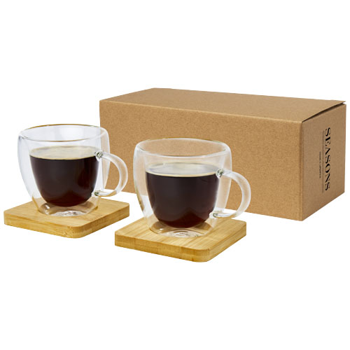 Tasse Manti 2 pièces en verre à double paroi de 100 ml avec sous-verre en bambou