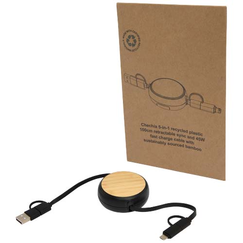 Câble rétractable 5 en 1 Chechia de 100 cm en plastique recyclé pour la synchronisation des données et la charge rapide de 45 W