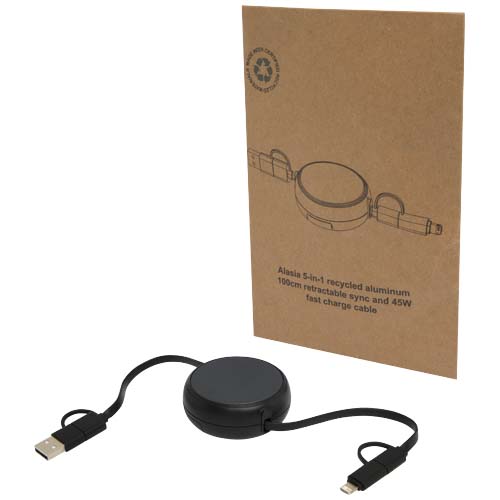 Câble rétractable 5 en 1 Alasia de 100 cm en plastique recyclé et aluminium pour la synchronisation des données et la charge rapide de 45 W