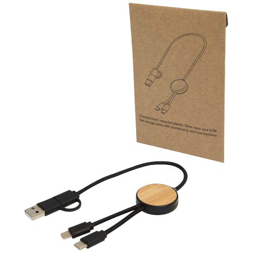 Câble 5 en 1 Chechia en plastique recyclé de 30 cm pour la synchronisation des données et la charge rapide de 27 W avec détails en bambou