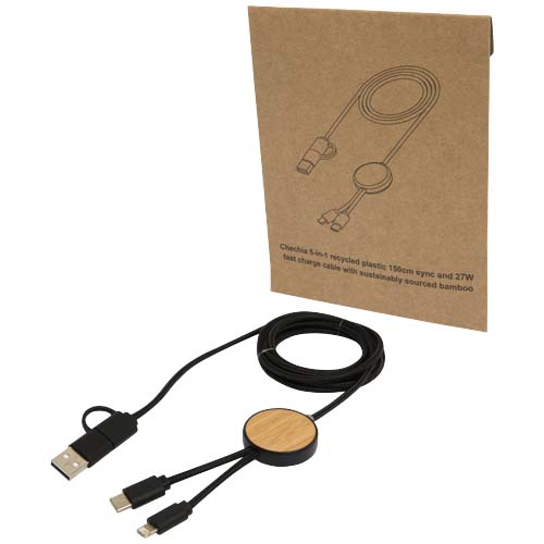 Câble 5 en 1 Chechia en plastique recyclé de 150 cm pour la synchronisation des données et la charge rapide de 27 W avec détails en bambou