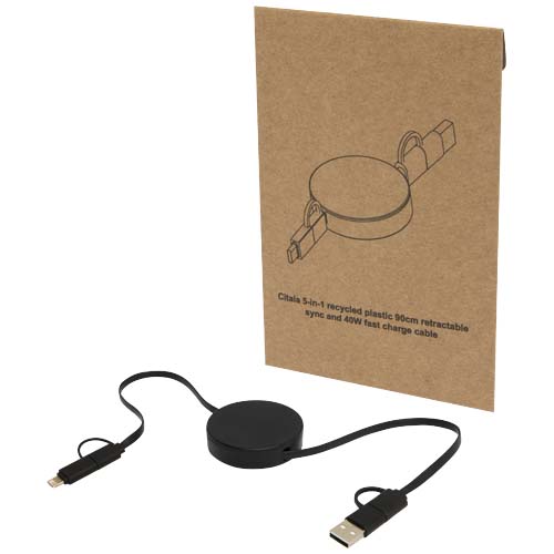 Câble rétractable 5 en 1 Citala en plastique recyclé de 90 cm pour la synchronisation des données et la charge rapide de 40 W