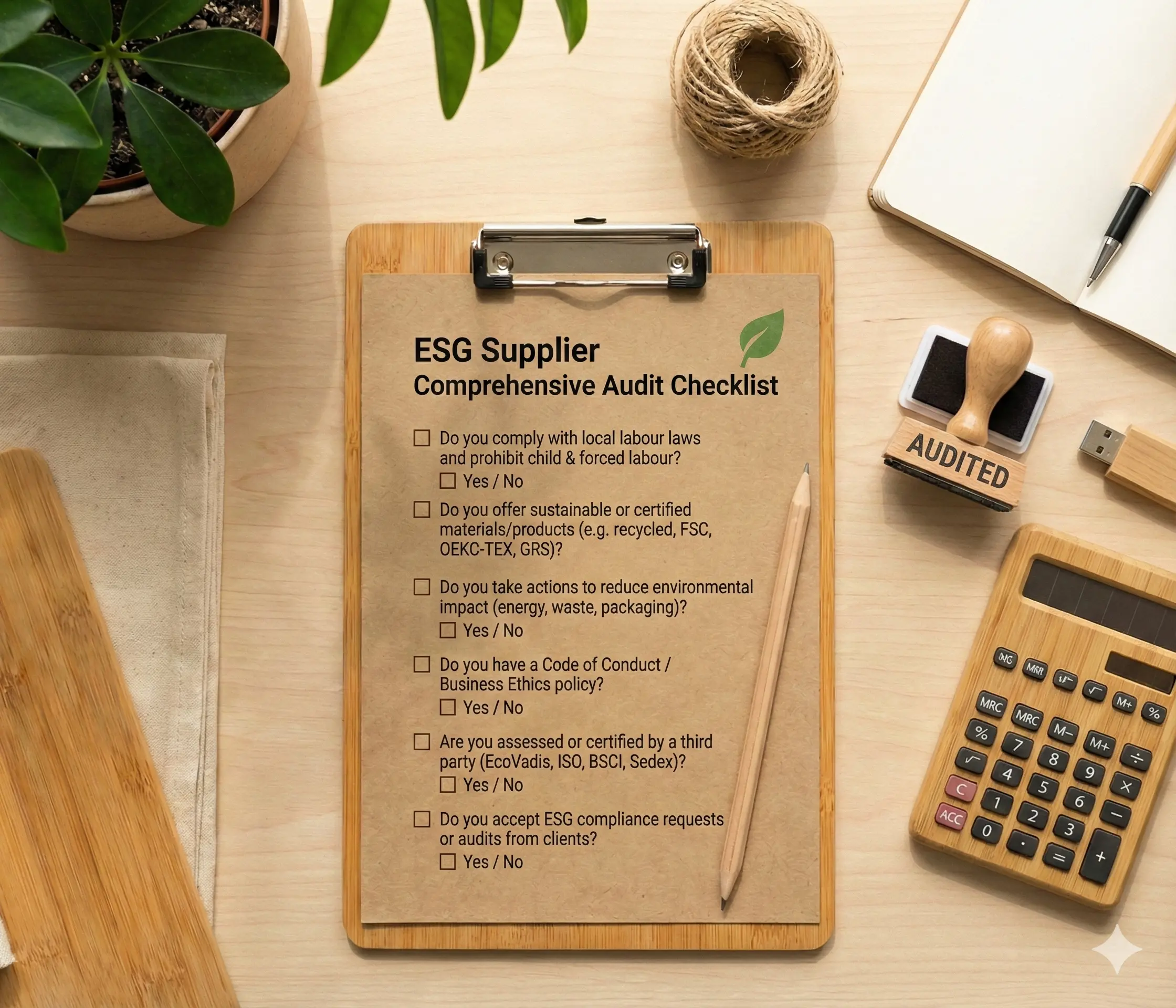 Checklist d'audit ESG fournisseur posée sur un bureau en bois